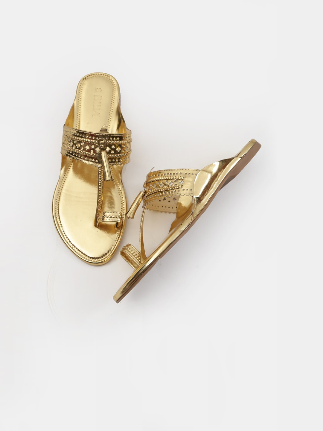 

Biba Women Gold-Toned Woven Design T-Strap Flats