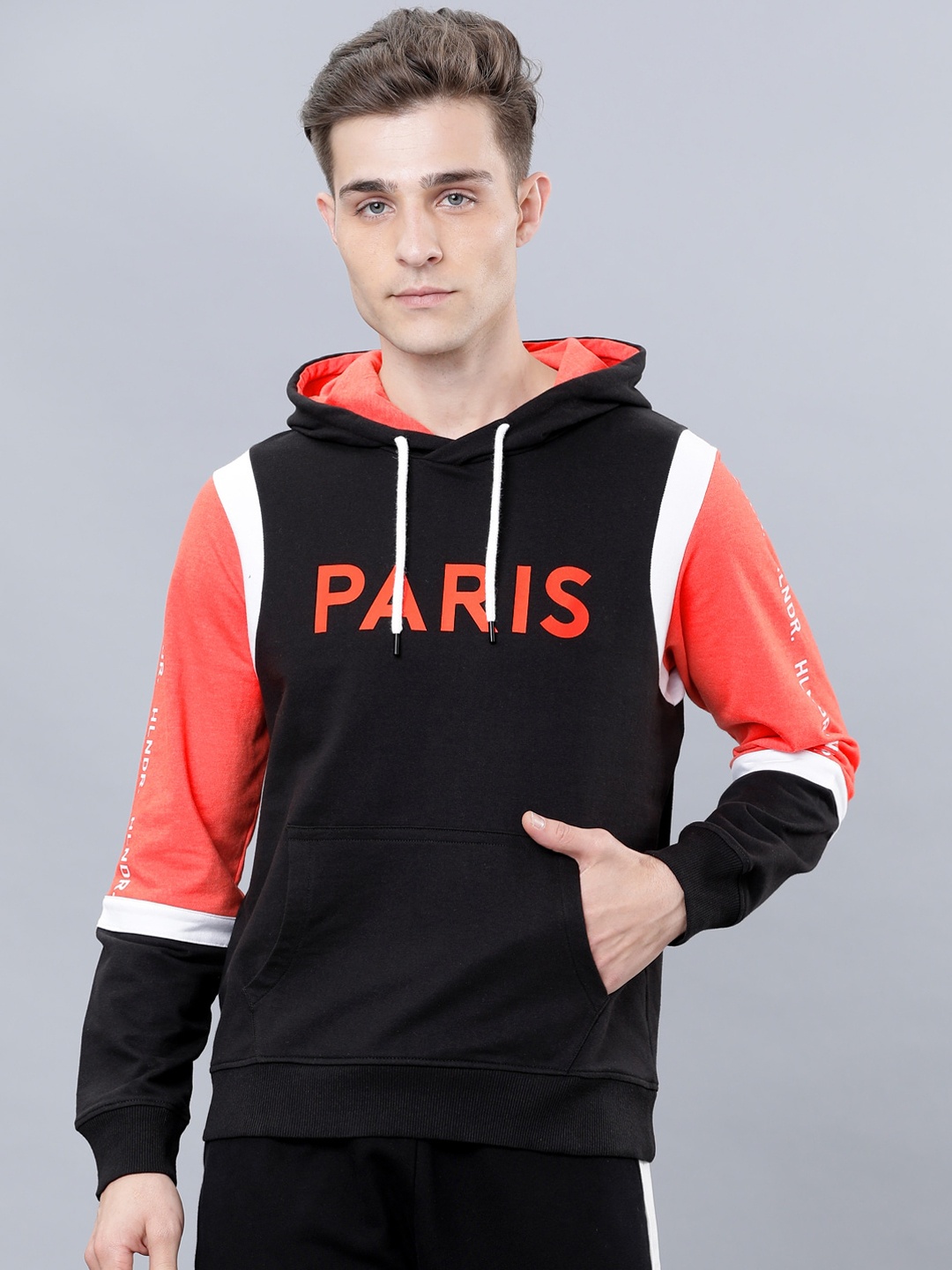

HIGHLANDER Men Black & Orange Printed Hooded Sweatshirt
