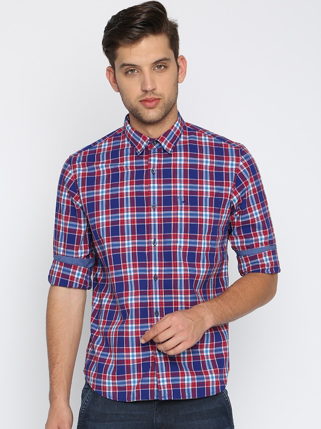 

Basics Men Red & Blue Slim Fit Checked Casual Shirt