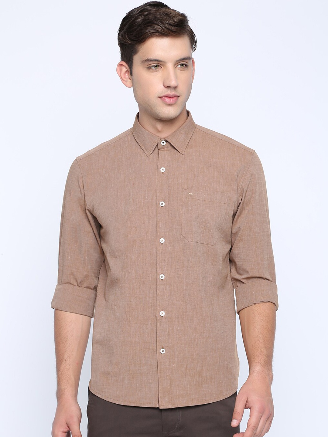 Basics Men Khaki Slim Fit Self Design Casual Shirt