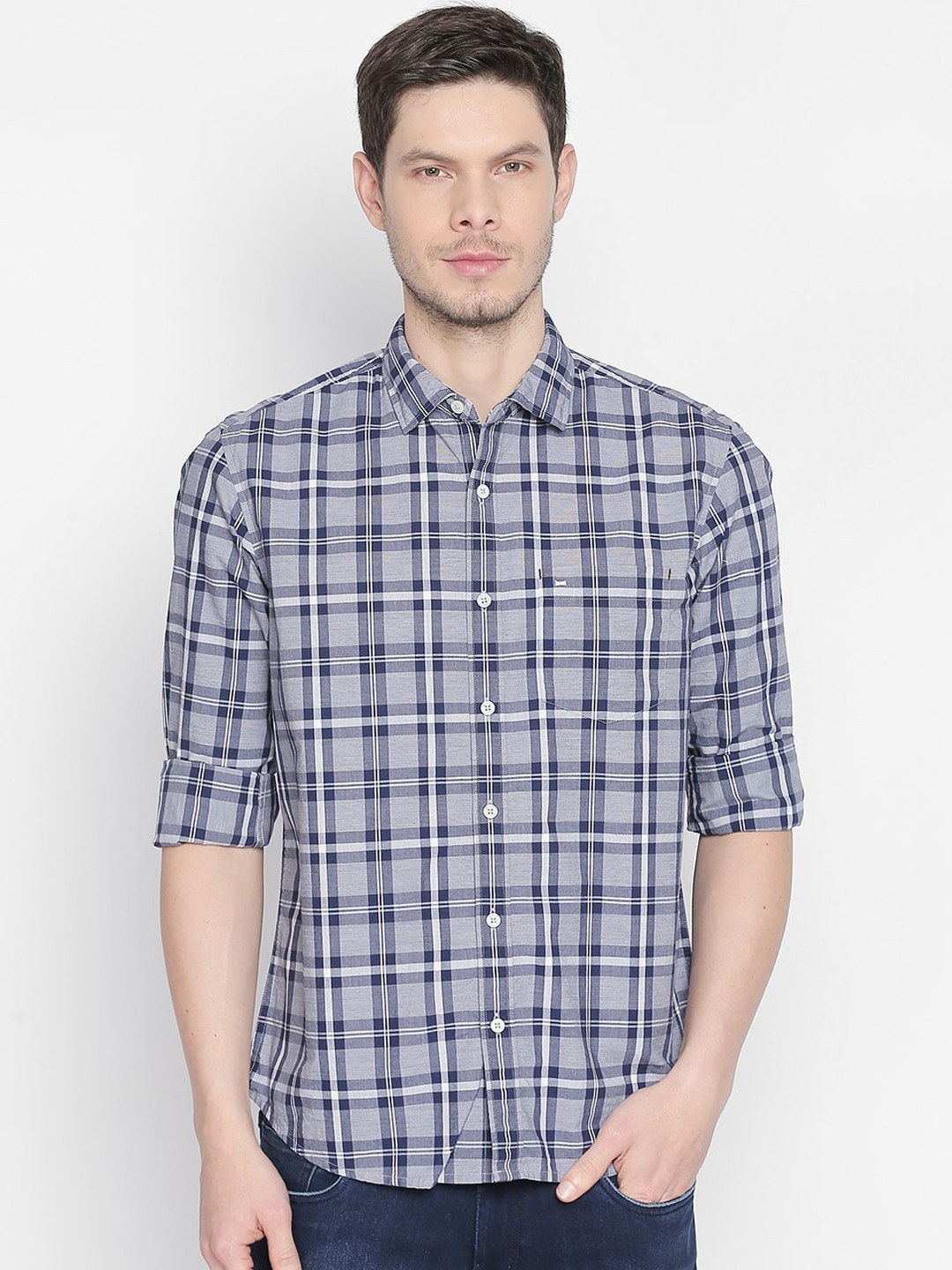 

Basics Men Blue & White Slim Fit Checked Casual Shirt