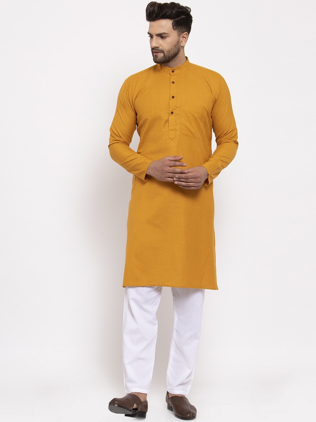 

Jompers Men Yellow & White Solid Kurta with Pyjamas