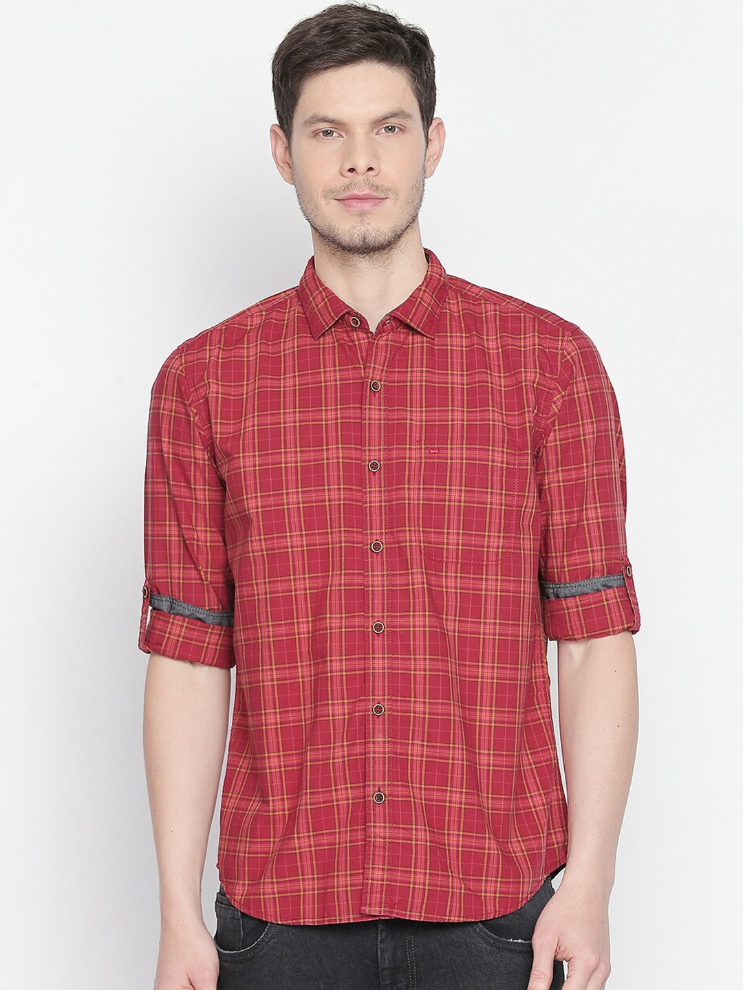 Basics Men Red Slim Fit Checked Casual Shirt