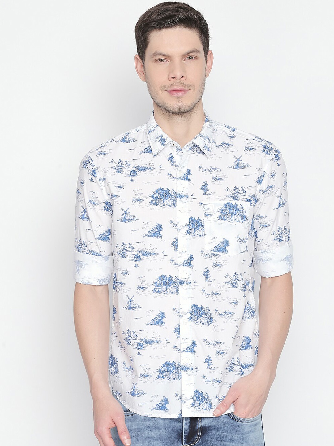 

Basics Men Blue & Off-White Slim Fit Printed Casual Shirt
