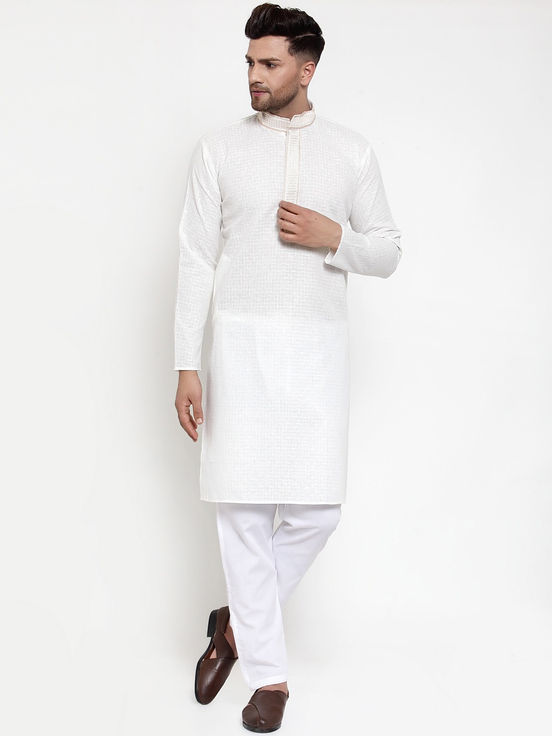 

Jompers Men White Woven Design Kurta with Pyjamas