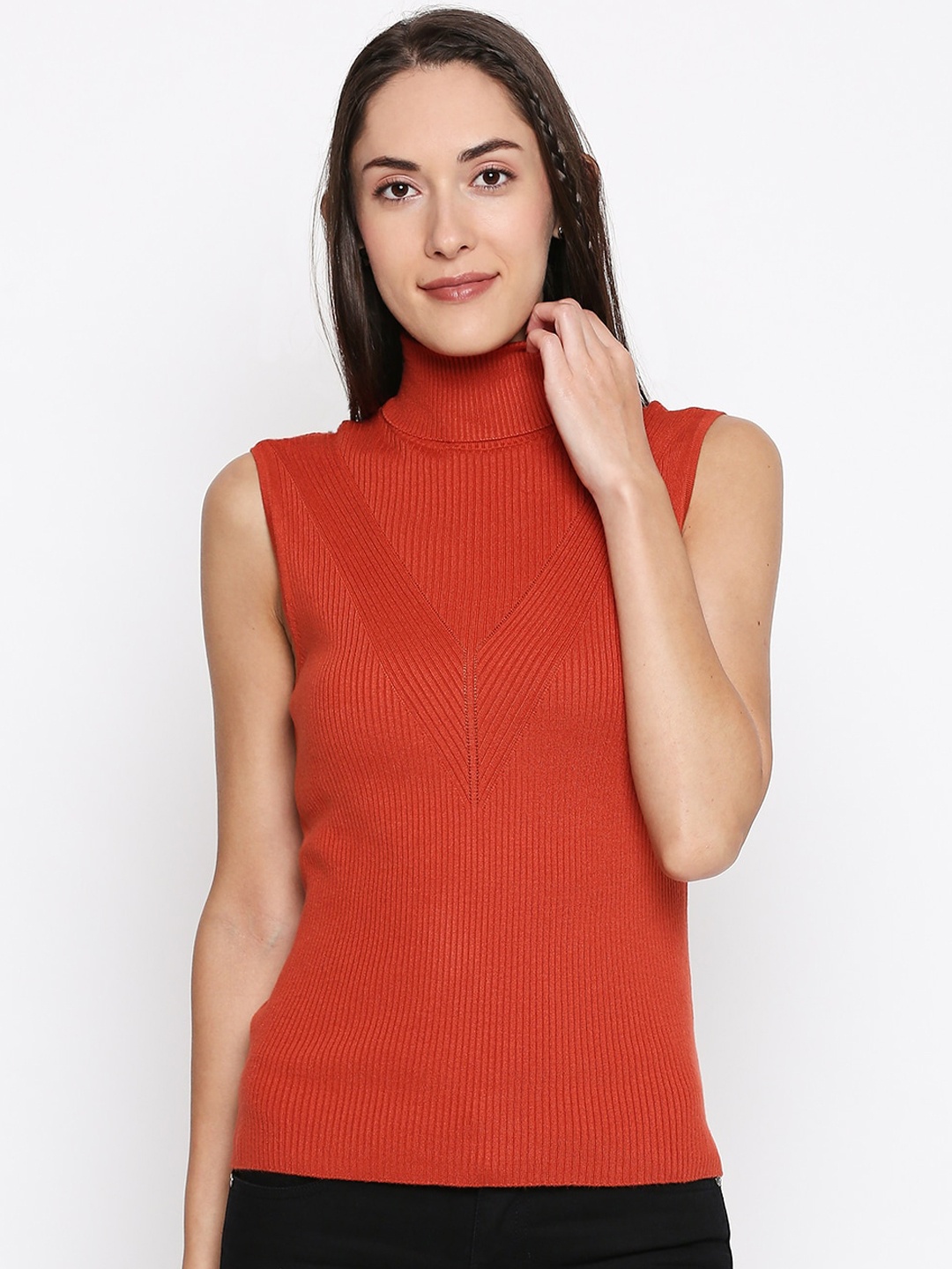 

Annabelle by Pantaloons Women Rust Orange Ribbed Pullover Sweater