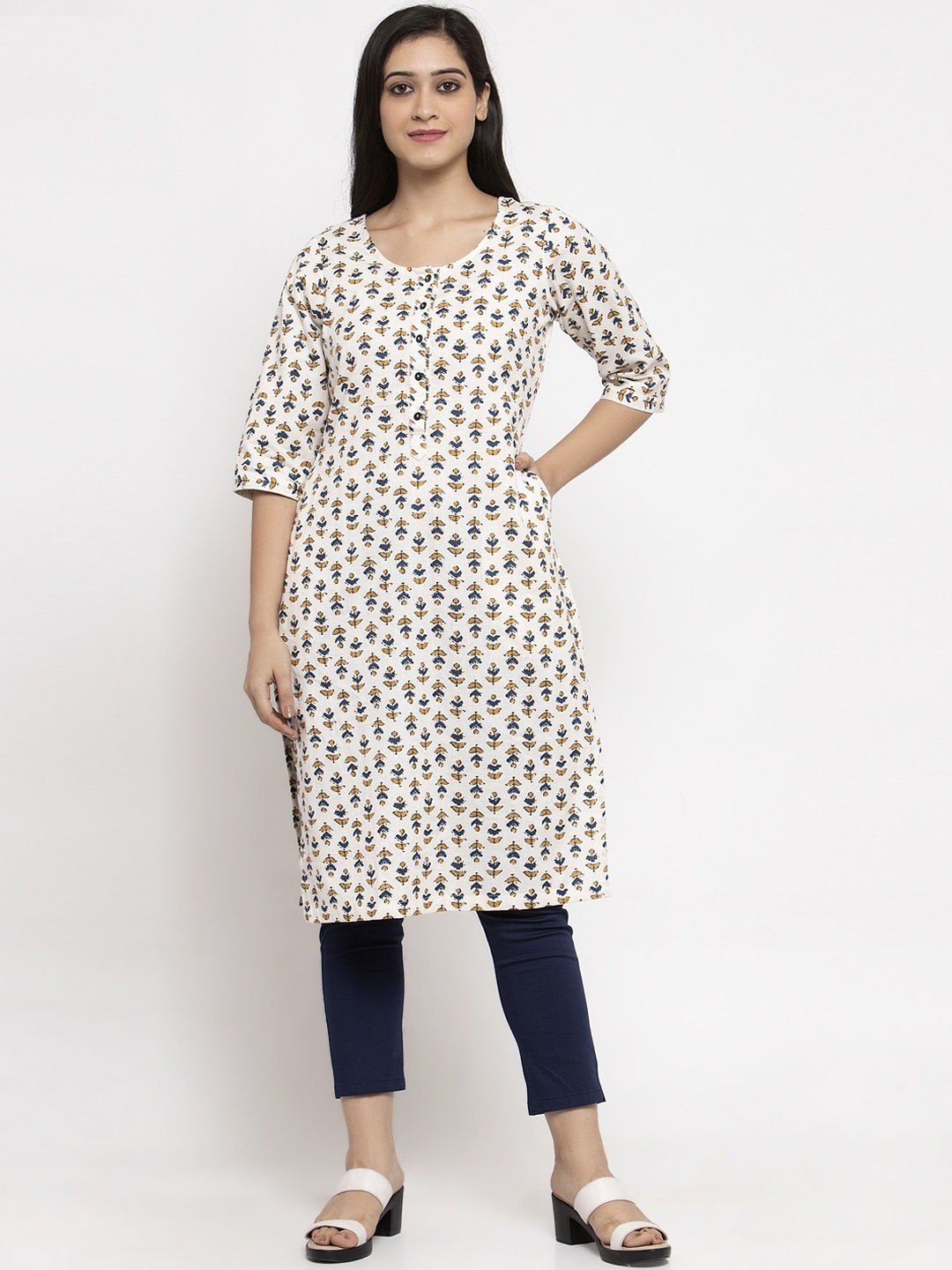 

Ayaany Women Cream-Coloured Printed A-Line Kurta
