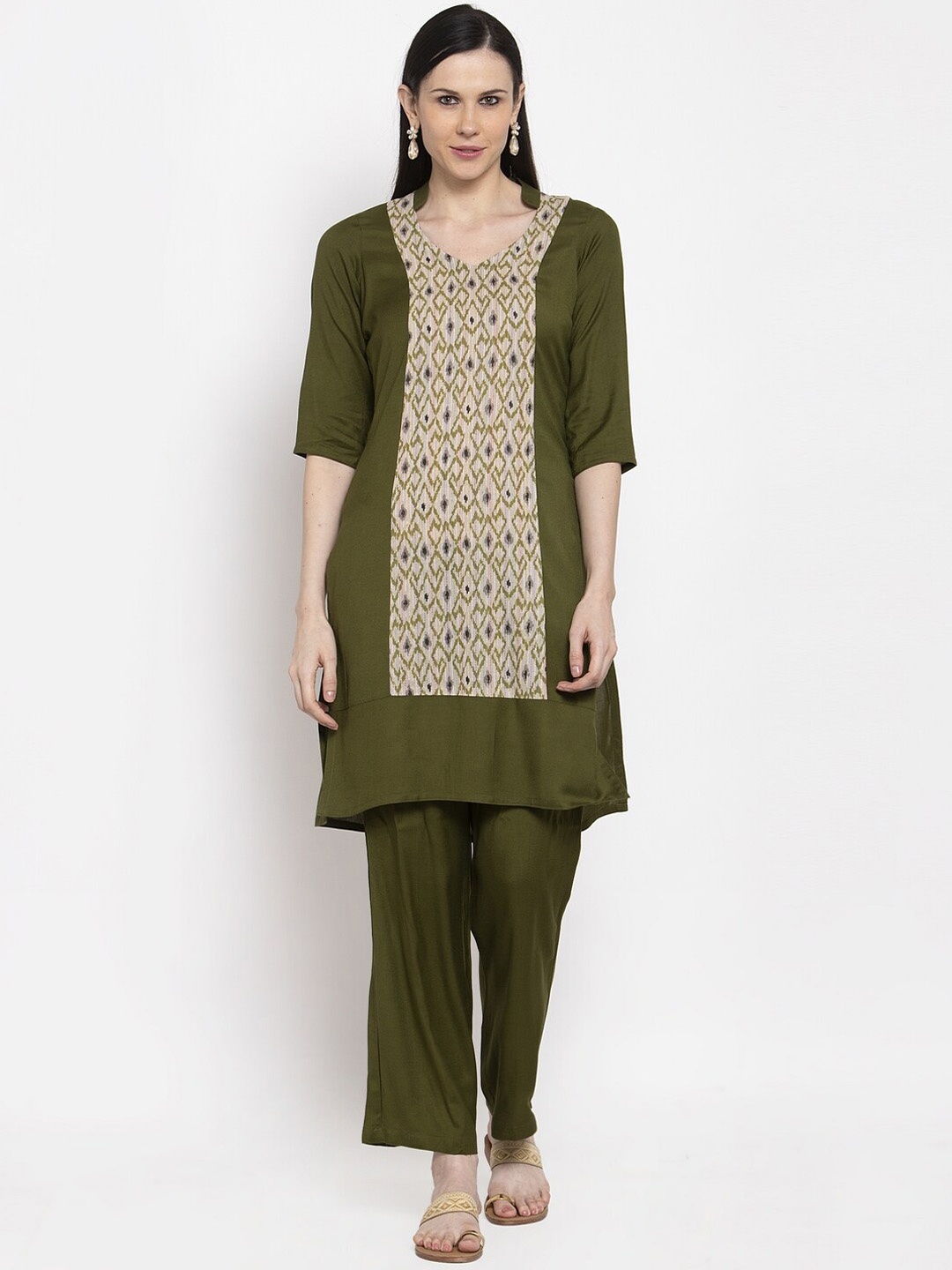 

DUGRI BE THE ONE Women Green & Beige Yoke Design Kurta with Trousers
