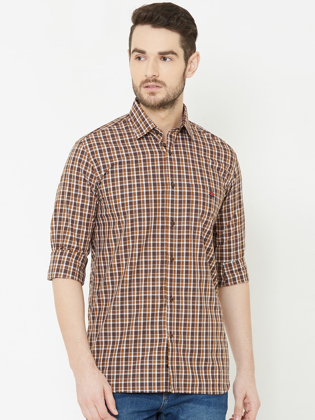 Donzell Men Brown Comfort Regular Fit Checked Casual Shirt