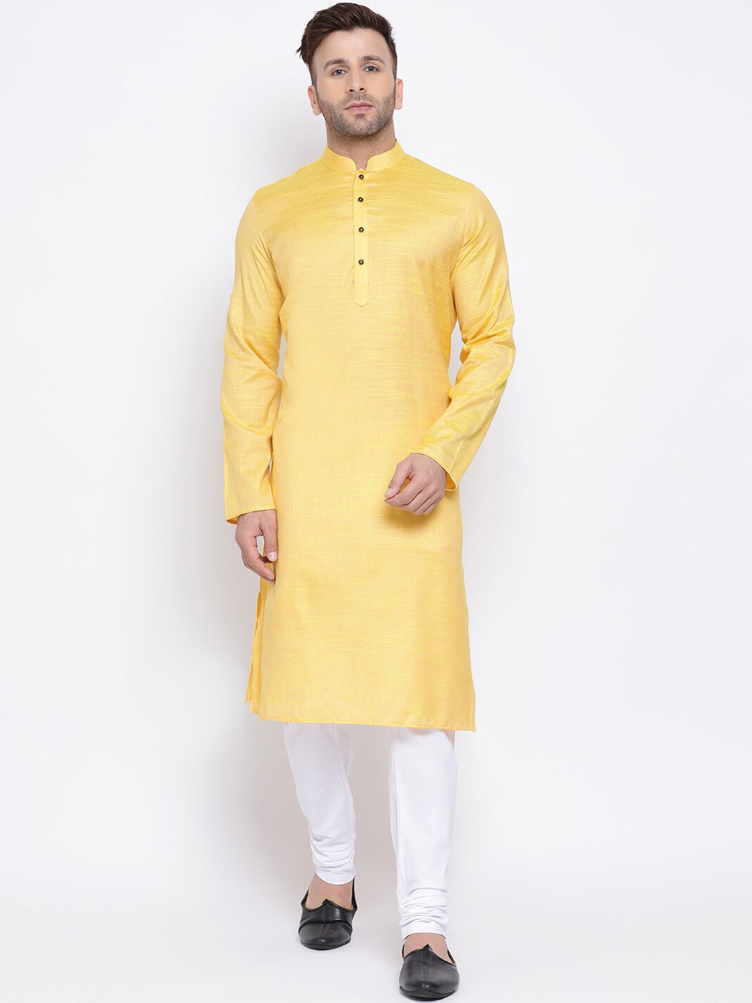 NAMASKAR Men Yellow & White Cotton Solid Kurta with Churidar