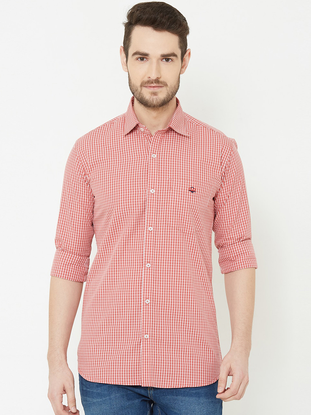 

Donzell Men Peach-Coloured & White Regular Fit Checked Casual Shirt
