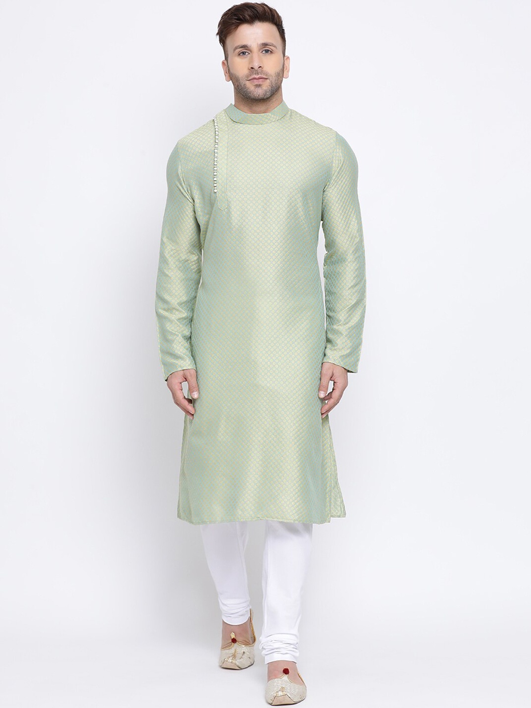 

NAMASKAR Men Green & White Dupion Silk Embroidery Kurta with Churidar