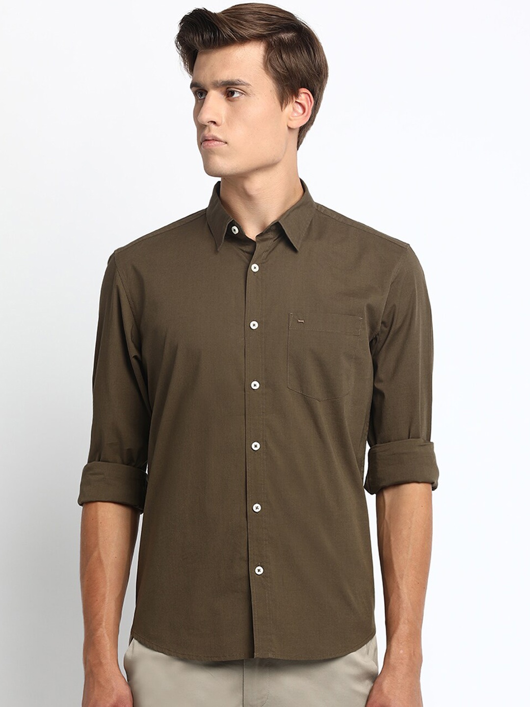 

Basics Men Olive Green Slim Fit Solid Casual Shirt