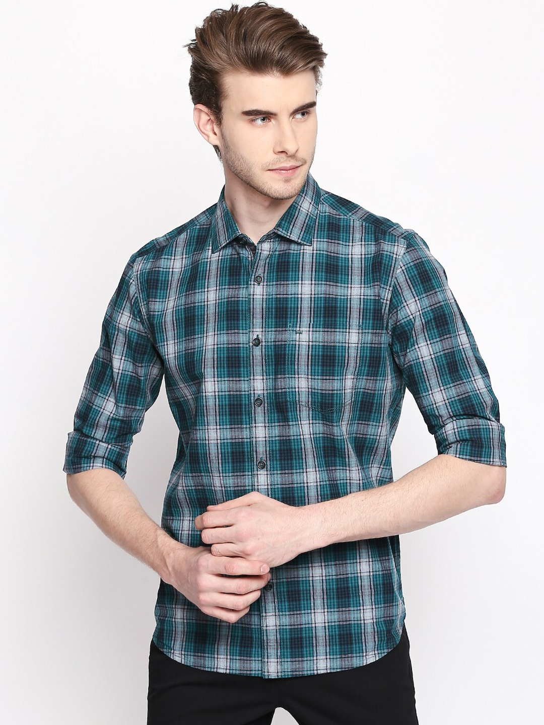 

Basics Men Green & White Slim Fit Checked Casual Shirt