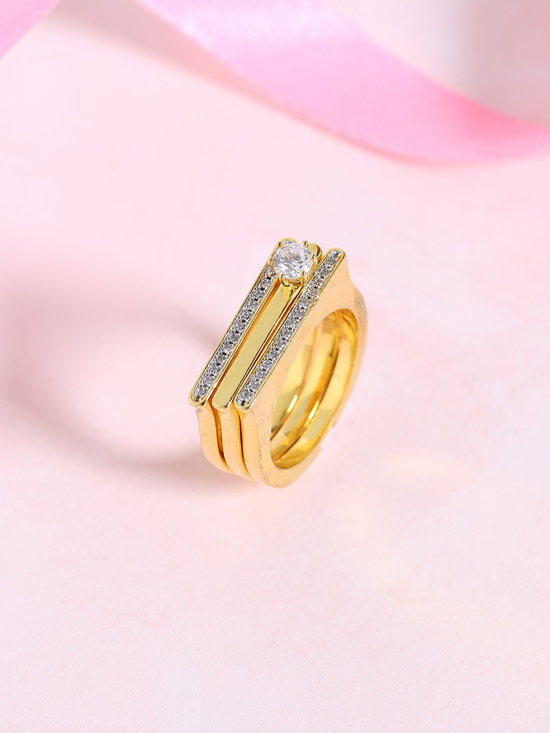 

Voylla Platinum-Plated Gold-Toned CZ-Studded Handcrafted Sustainable Finger Ring