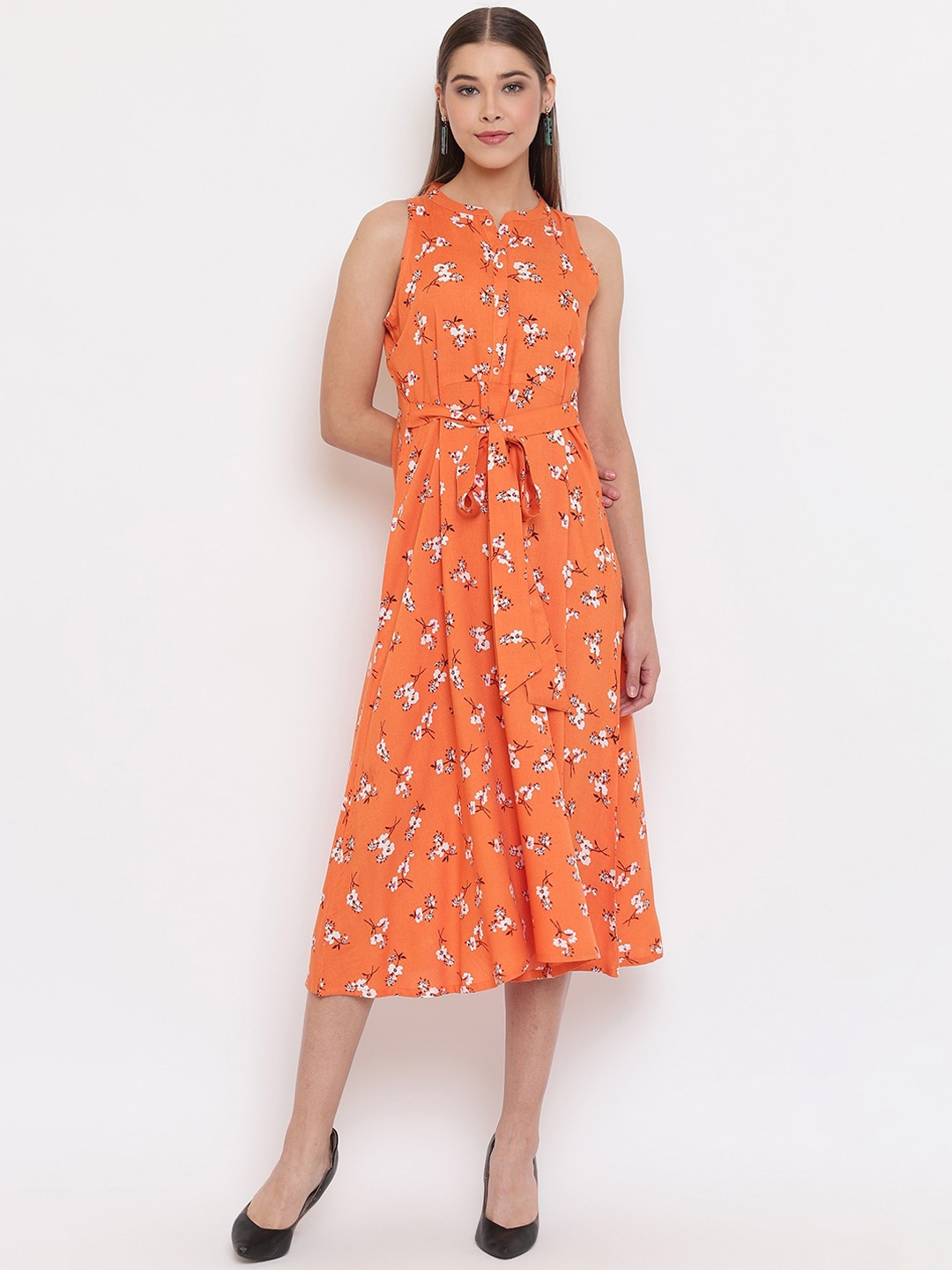 

Janasya Women Orange Printed Fit and Flare Dress