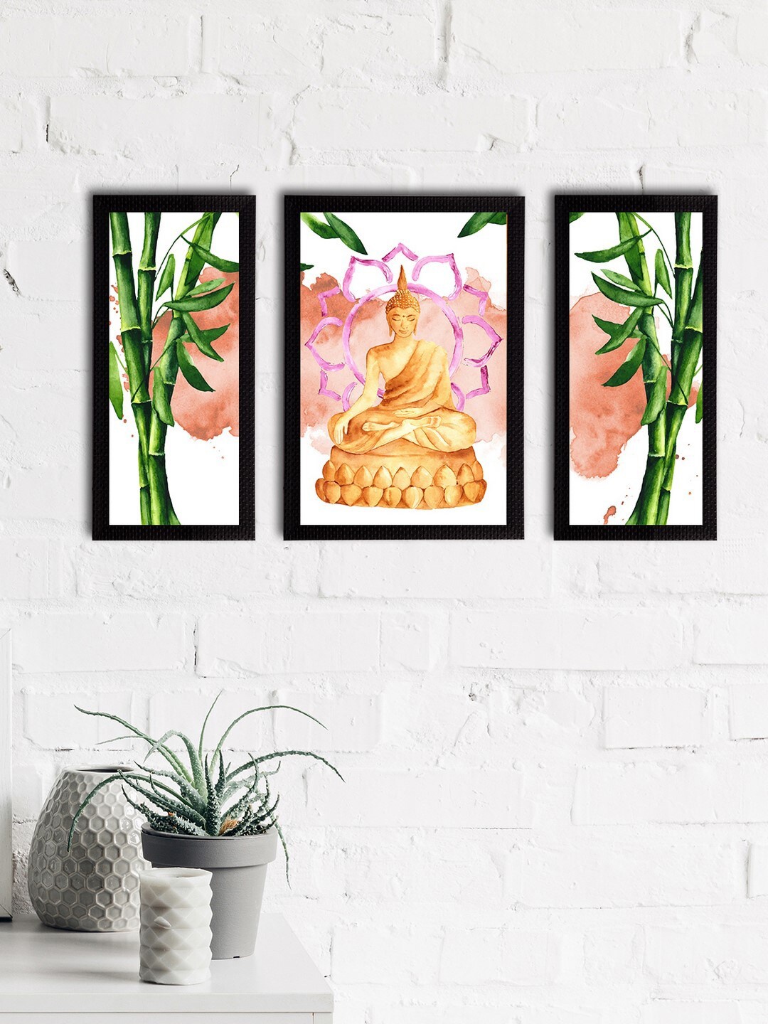 

eCraftIndia Set Of 3 Brown & Green Meditating Lord Buddha Wall Paintings
