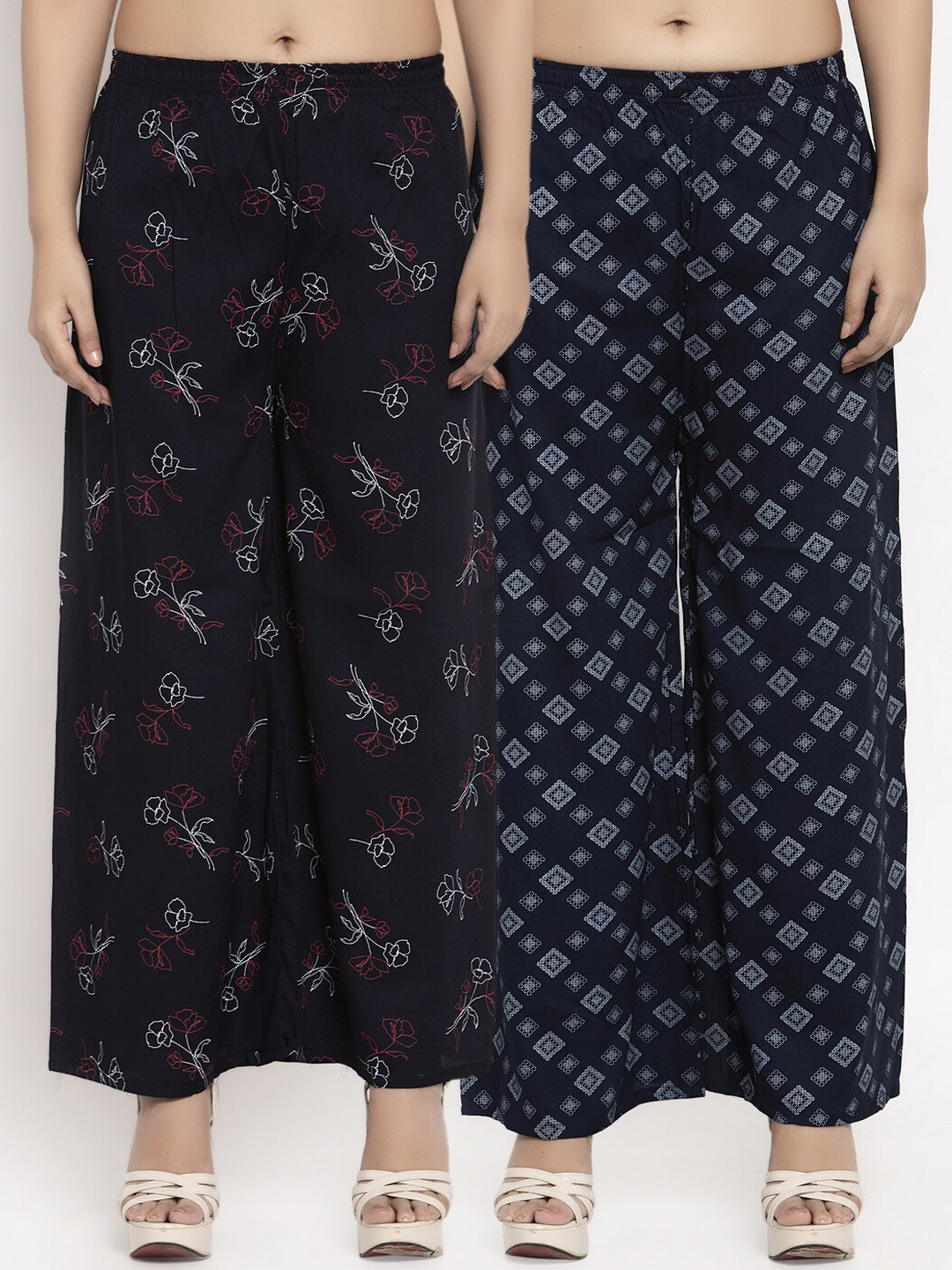 

KLOTTHE Women Pack Of 2 Printed Straight Palazzos, Navy blue