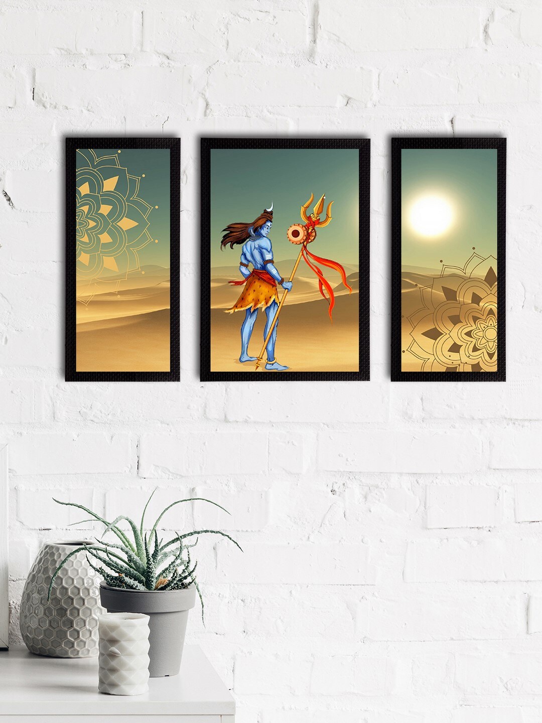 

eCraftIndia Set of 3 Blue & Beige Lord Shiva Satin Matt Textured UV Wall Paintings