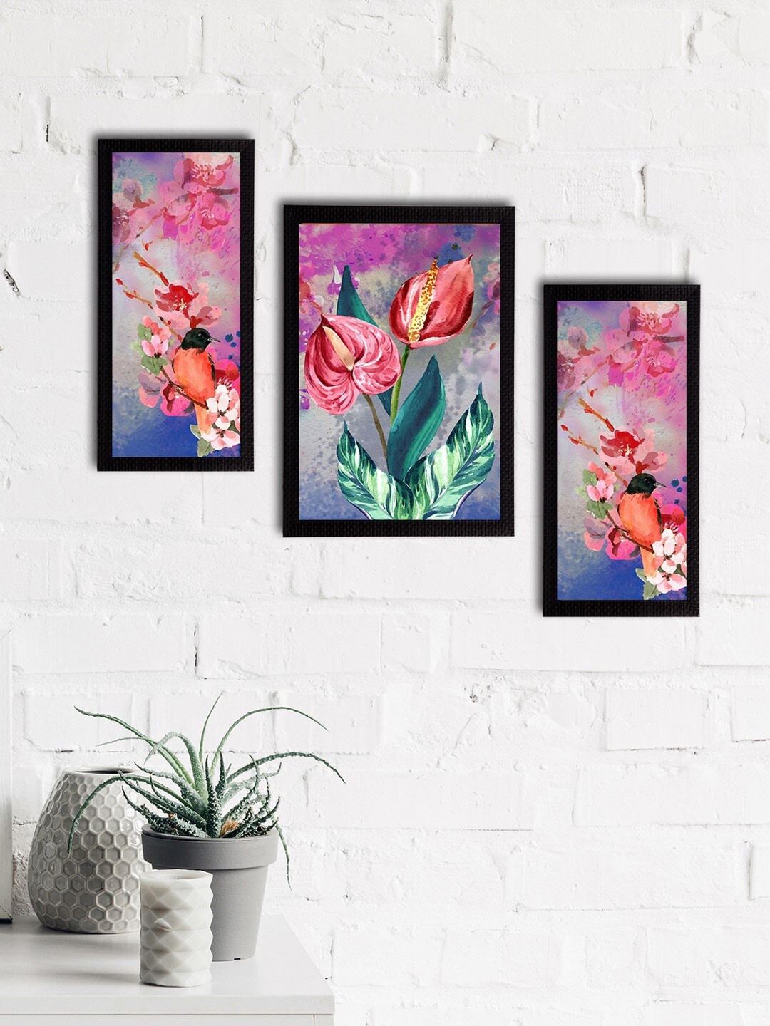 eCraftIndia Set of 3 Multicoloured Satin Matt Texture Floral UV Wall Art, Multi