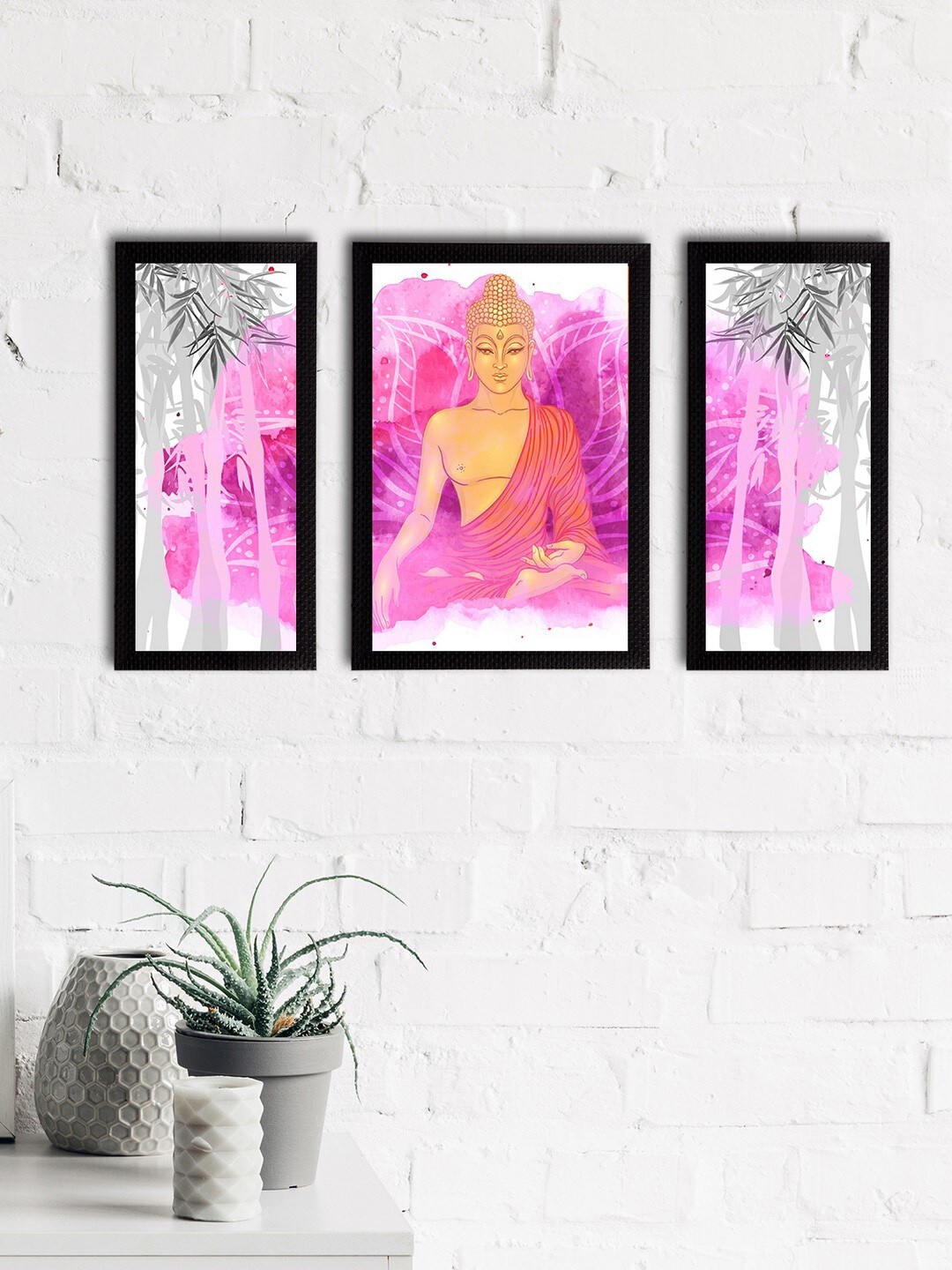 

eCraftIndia Set of 3 Multicoloured Meditating Lord Buddha Satin Matt Texture UV Wall Arts, Multi