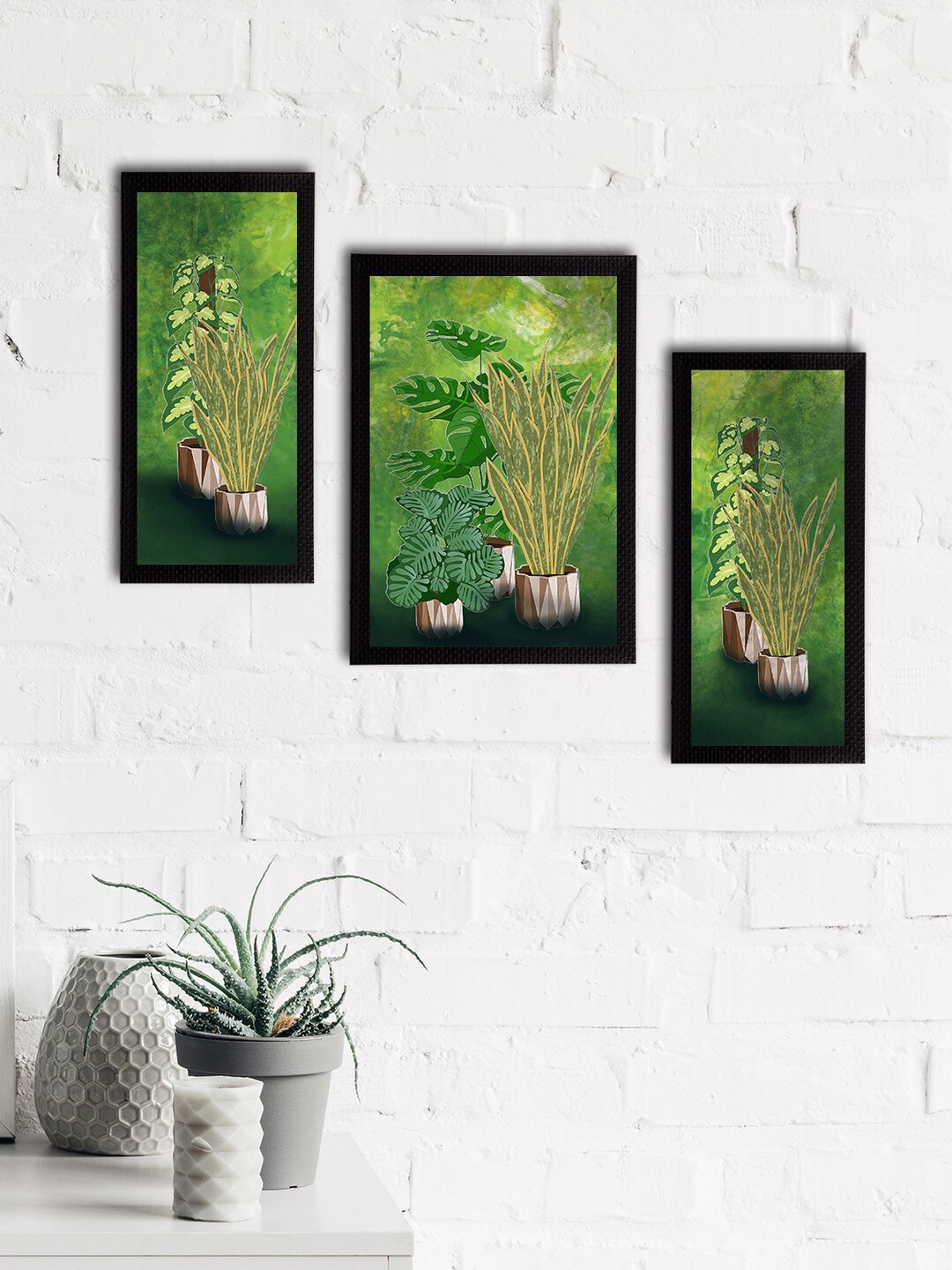 eCraftIndia Set of 3 Green Satin Matt Texture Botanical UV Wall Art