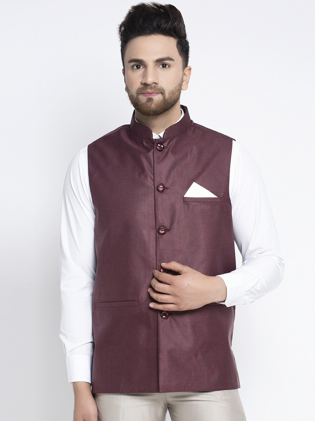 

Jompers Men Maroon Solid Woven Nehru Jacket