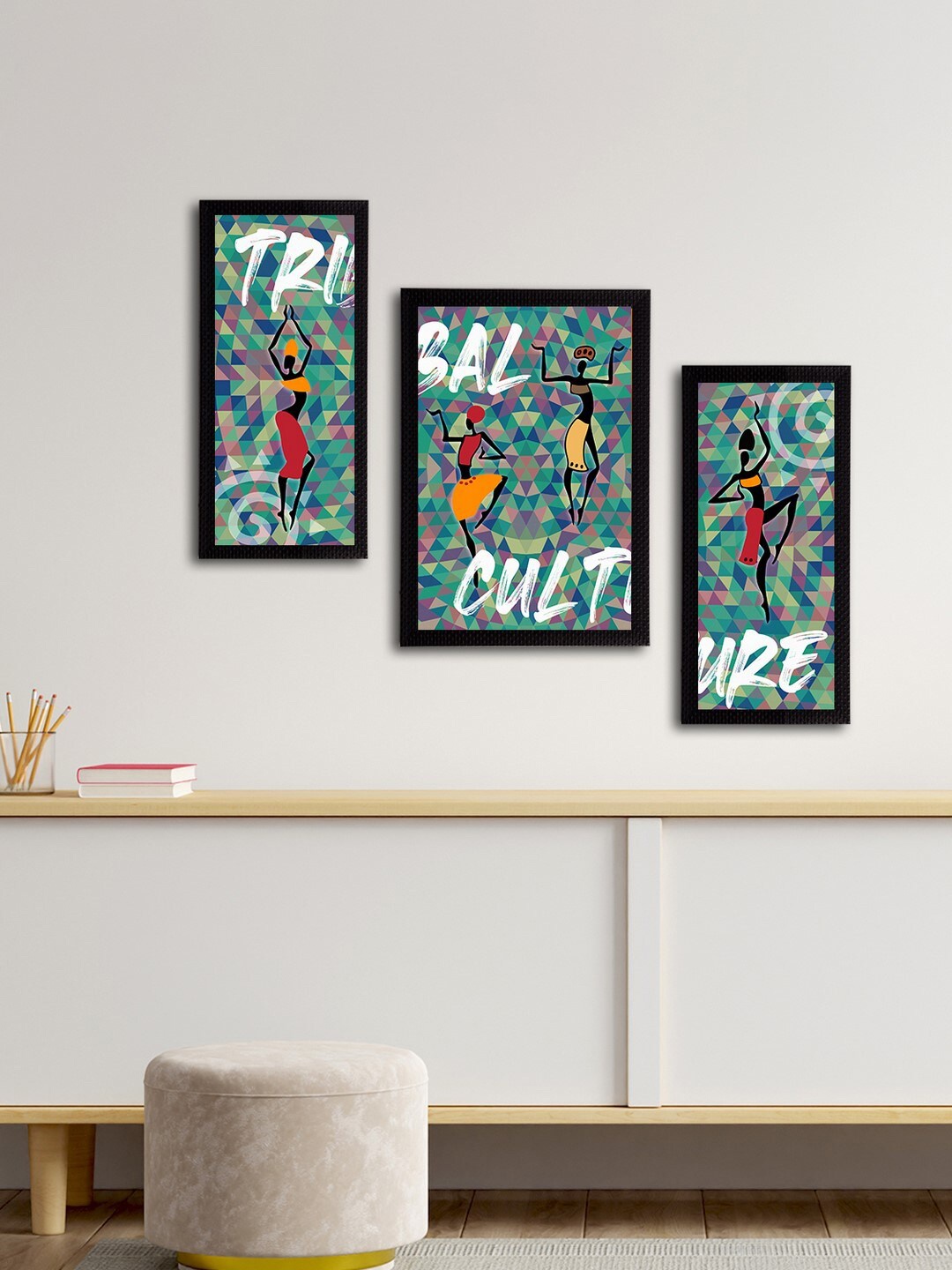 

eCraftIndia Set of 3 Blue & Yellow Tribal Theme Satin Matt Textured UV Art Paintings