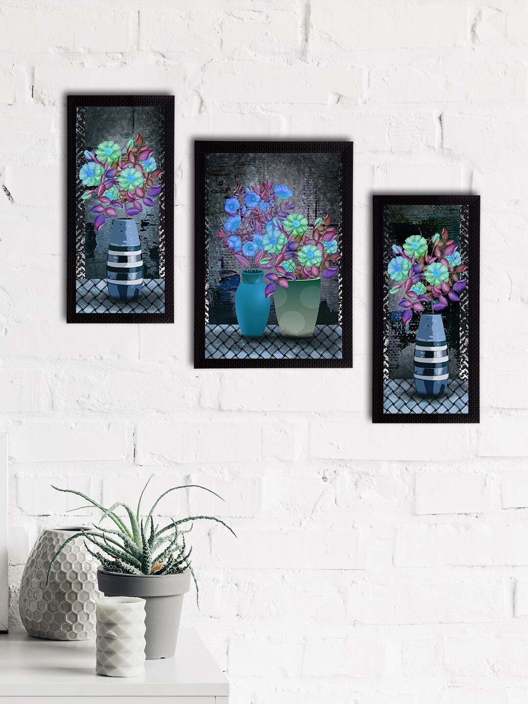 

eCraftIndia Set Of 3 Blue & Grey Floral And Botanical Wall Paintings