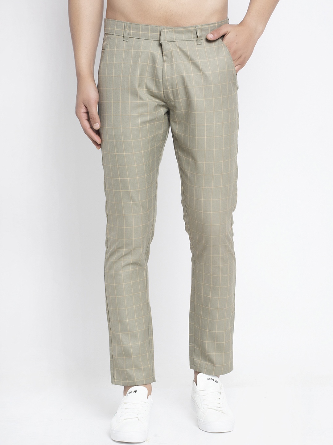 

JAINISH Men Green Slim Fit Checked Regular Trousers