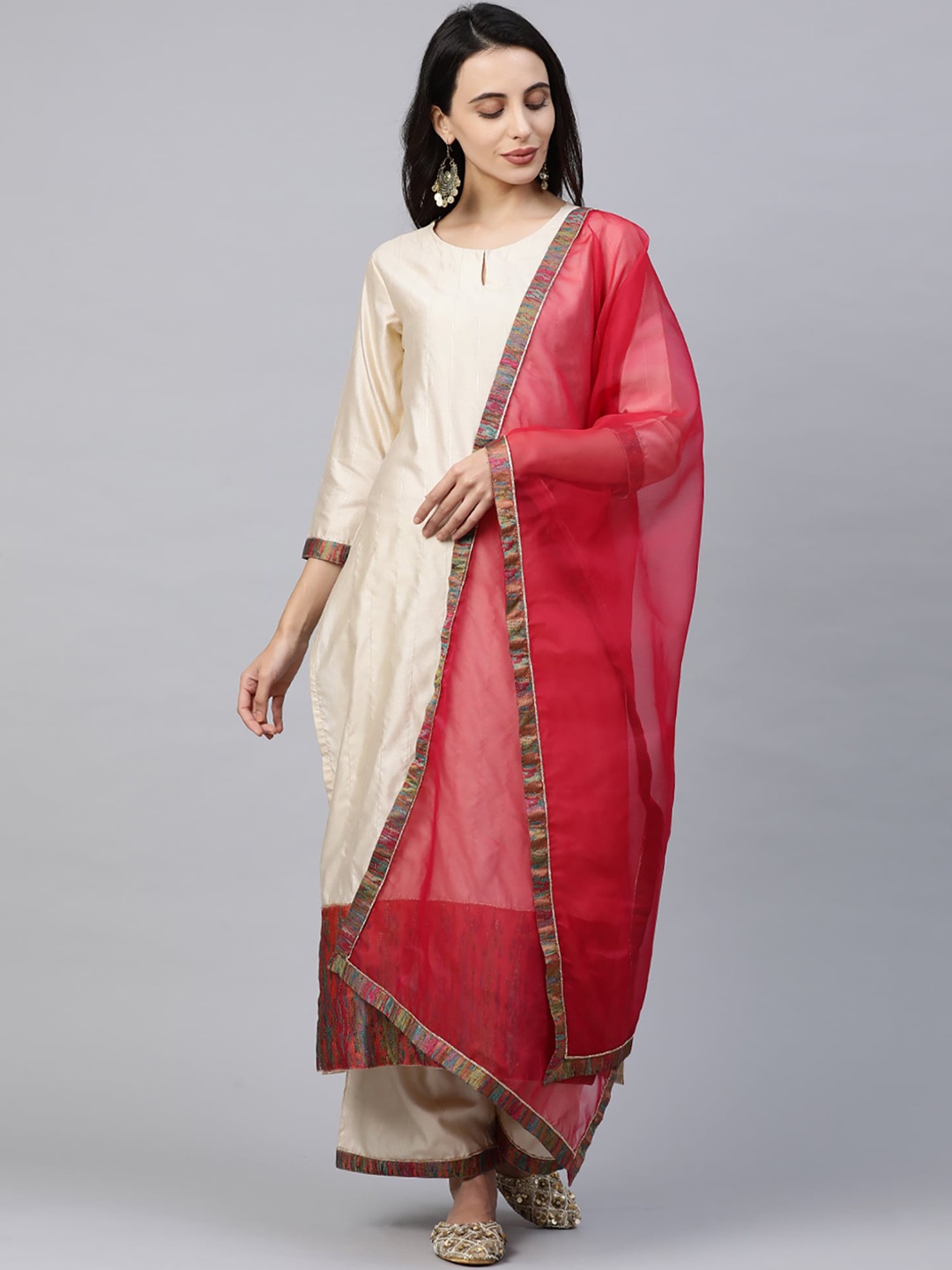 

Indo Era Women Off-White & Red Striped Kurta with Palazzos & Dupatta