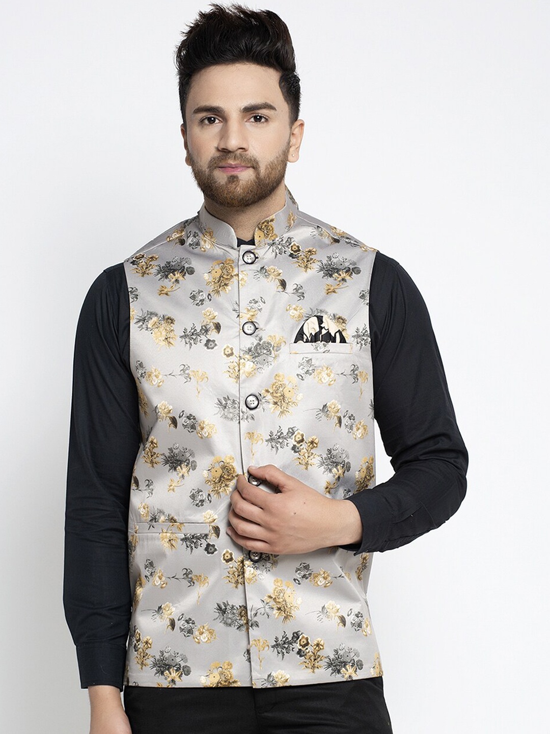 

Jompers Men Grey Floral Printed Cotton Pure Cotton Nehru Jacket
