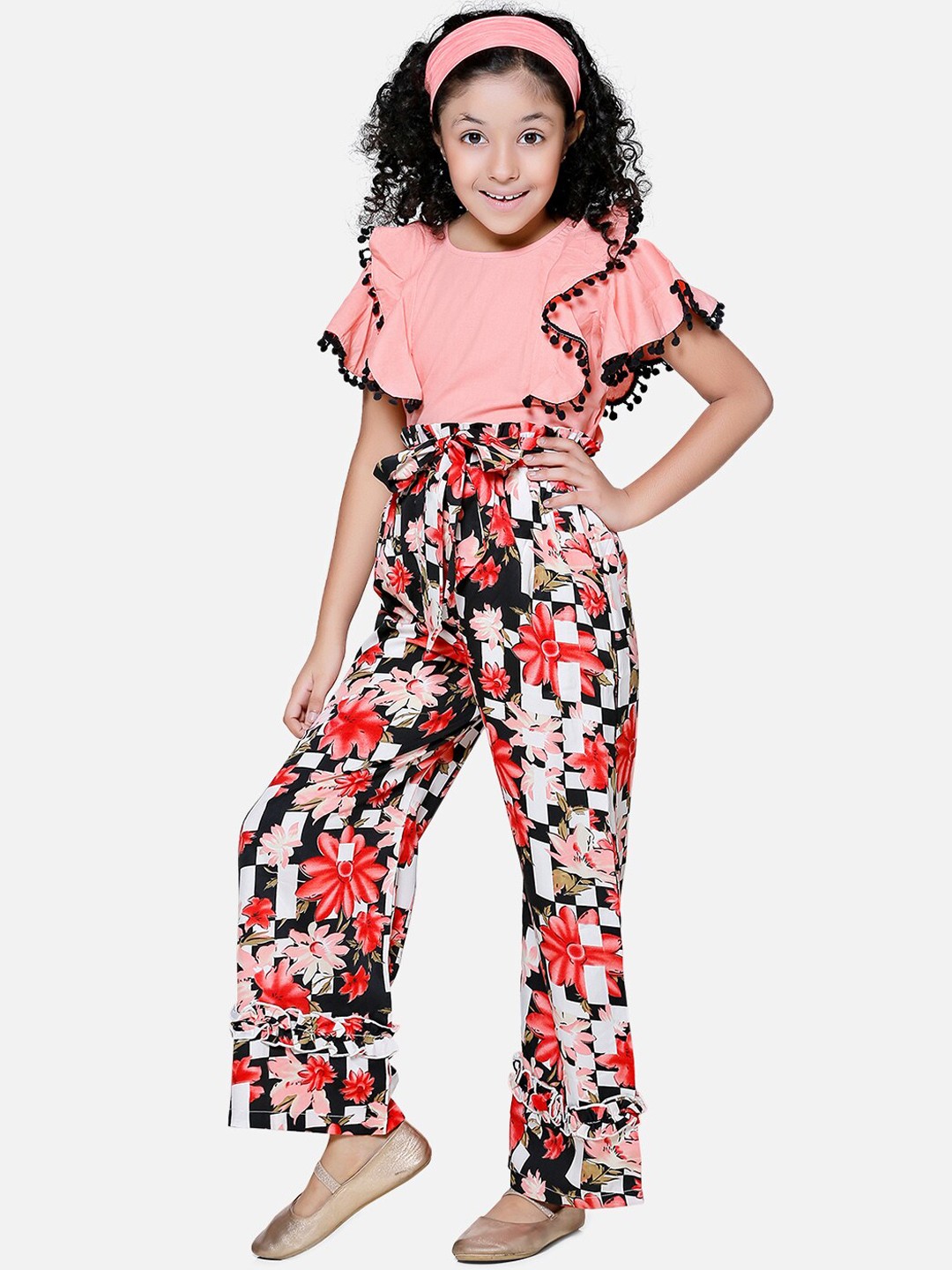 

Cutiekins Girls Peach-Coloured & Black Solid Top With Palazzos