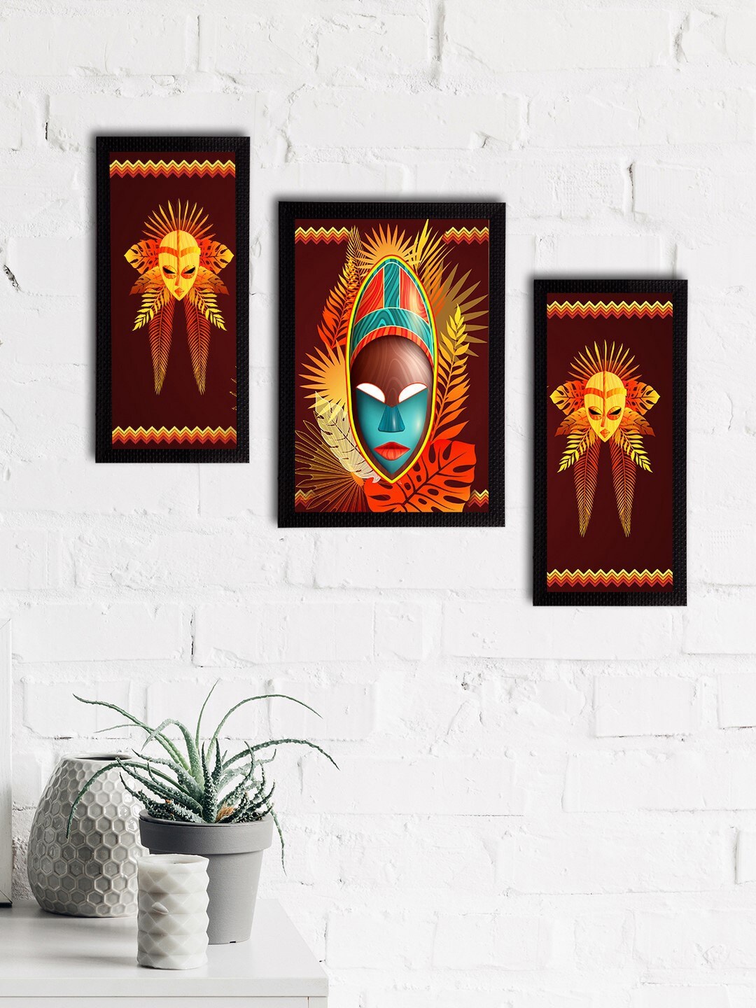 

eCraftIndia Set of 3 Brown & Yellow Tribal Theme Satin Matt Textured UV Wall Paintings