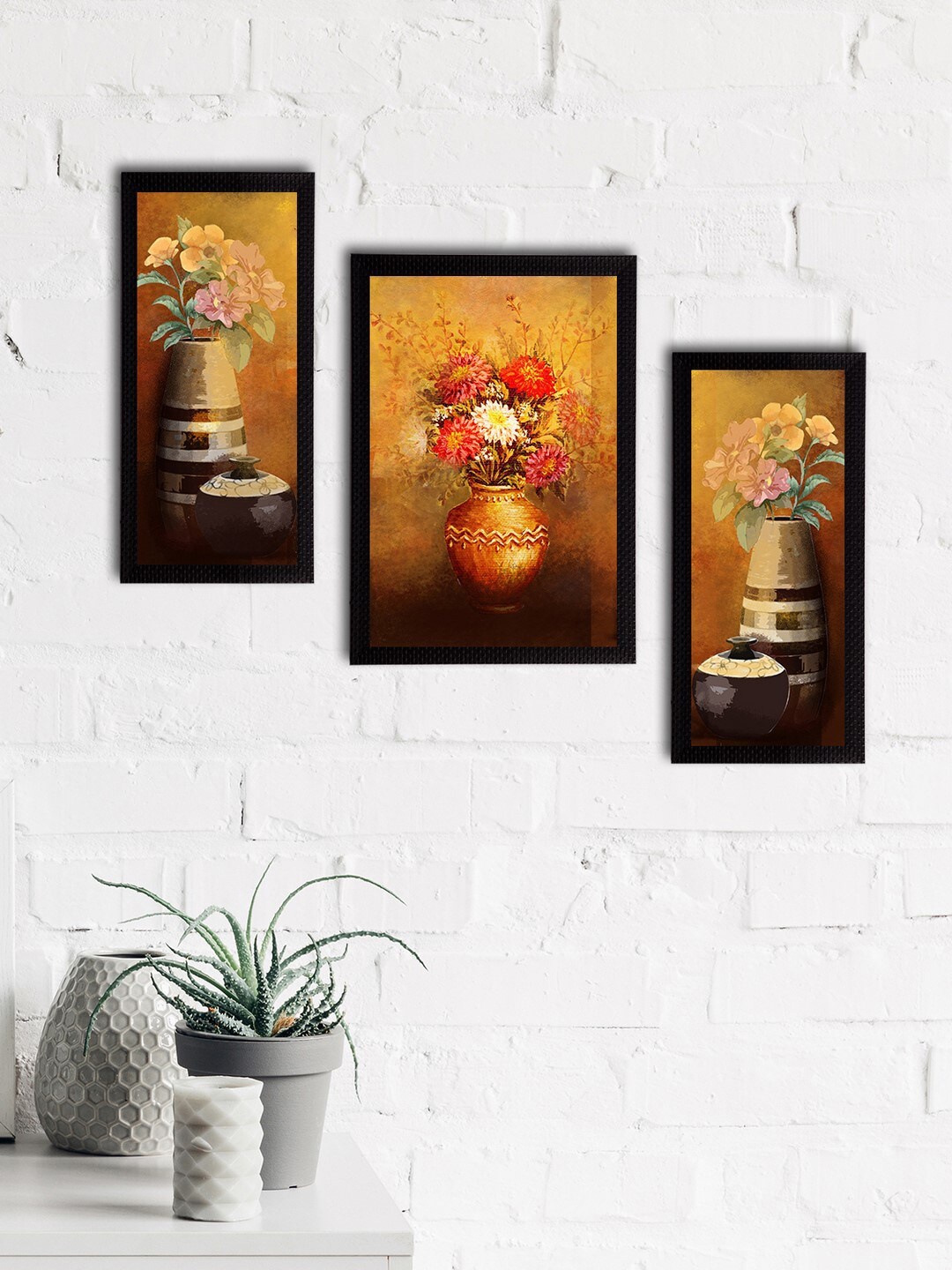 

eCraftIndia Set of 3 Yellow & Brown Botanical & Floral Satin Matt Textured UV Wall Paintings