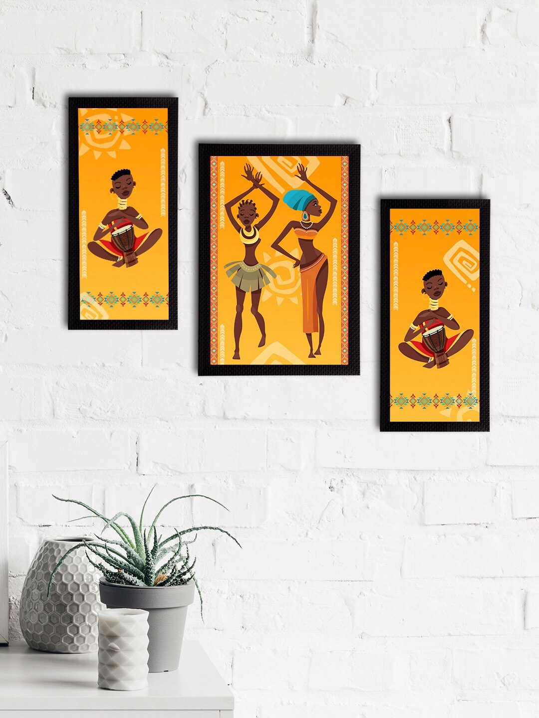 

eCraftIndia Set of 3 Yellow & Brown Tribal Theme Satin Matt Textured UV Wall Paintings