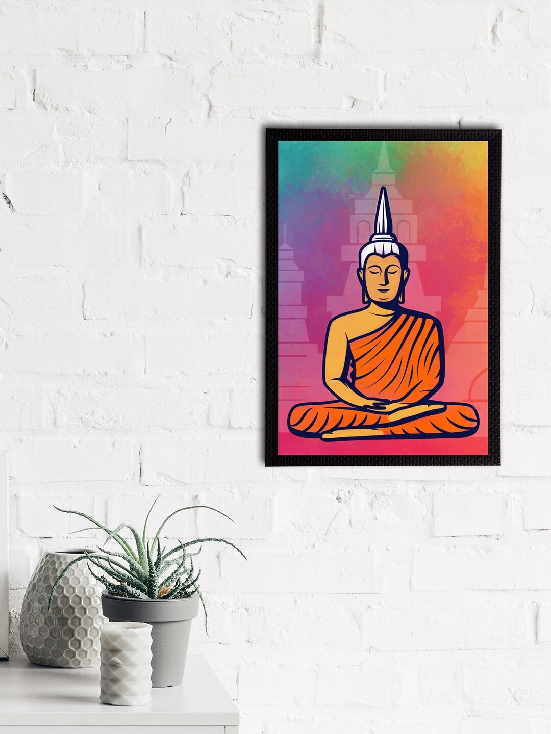 eCraftIndia Pink & Orange Meditating Lord Buddha Satin Matt Texture UV Wall Art
