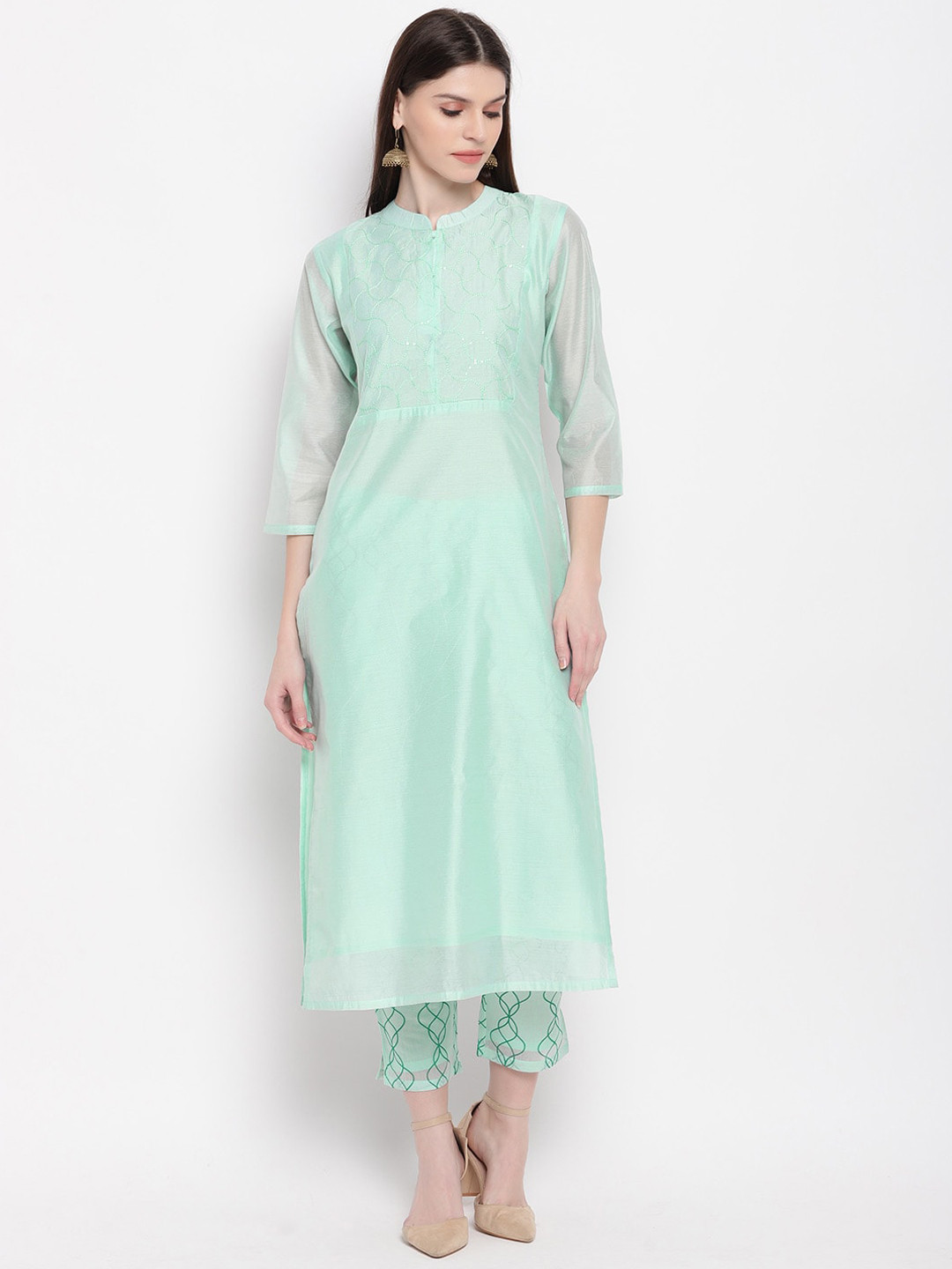 

Janasya Women Green Yoke Design Kurta with Trousers