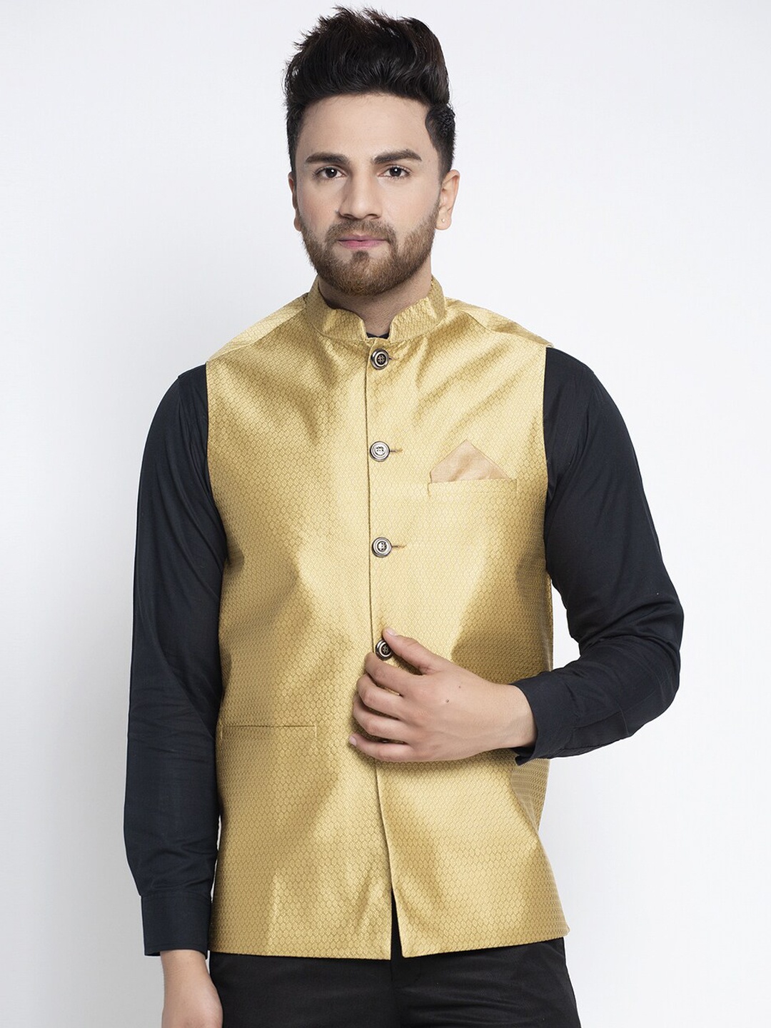

Jompers Men Gold-Coloured Woven Design Nehru Jacket
