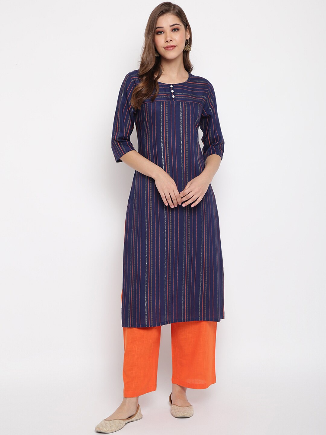 

Janasya Women Blue & Orange Striped Kurta with Palazzos
