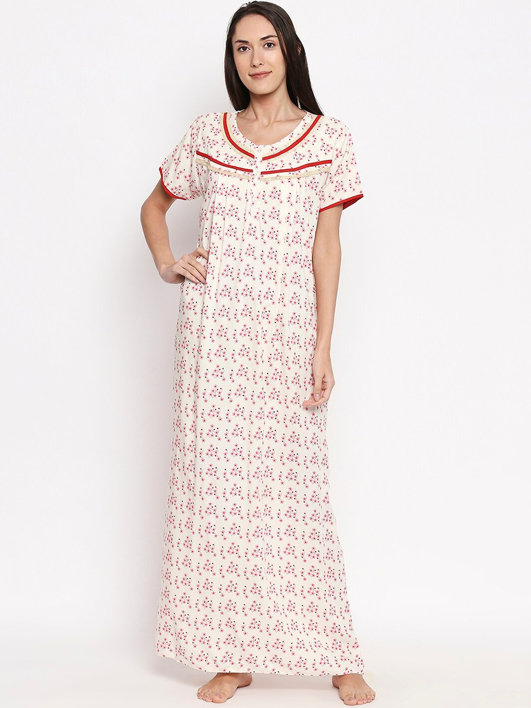 

XIN Women Off-White & Pink Floral-Print Nightdress