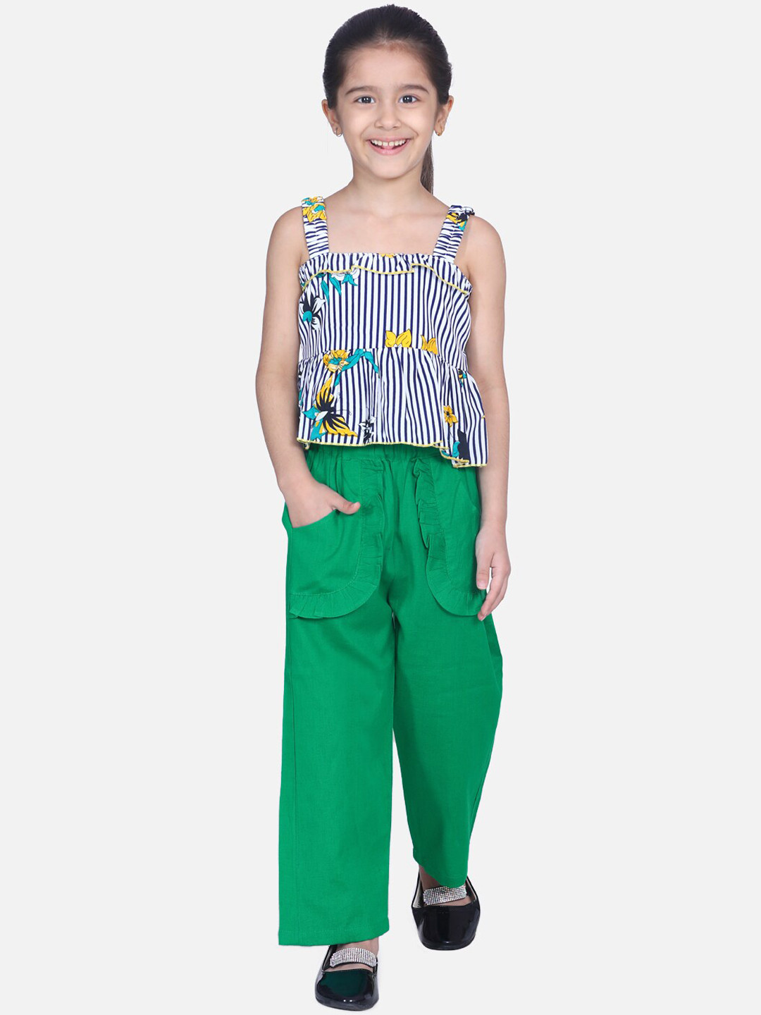 

Cutiekins Girls White & Green Printed Top With Palazzos