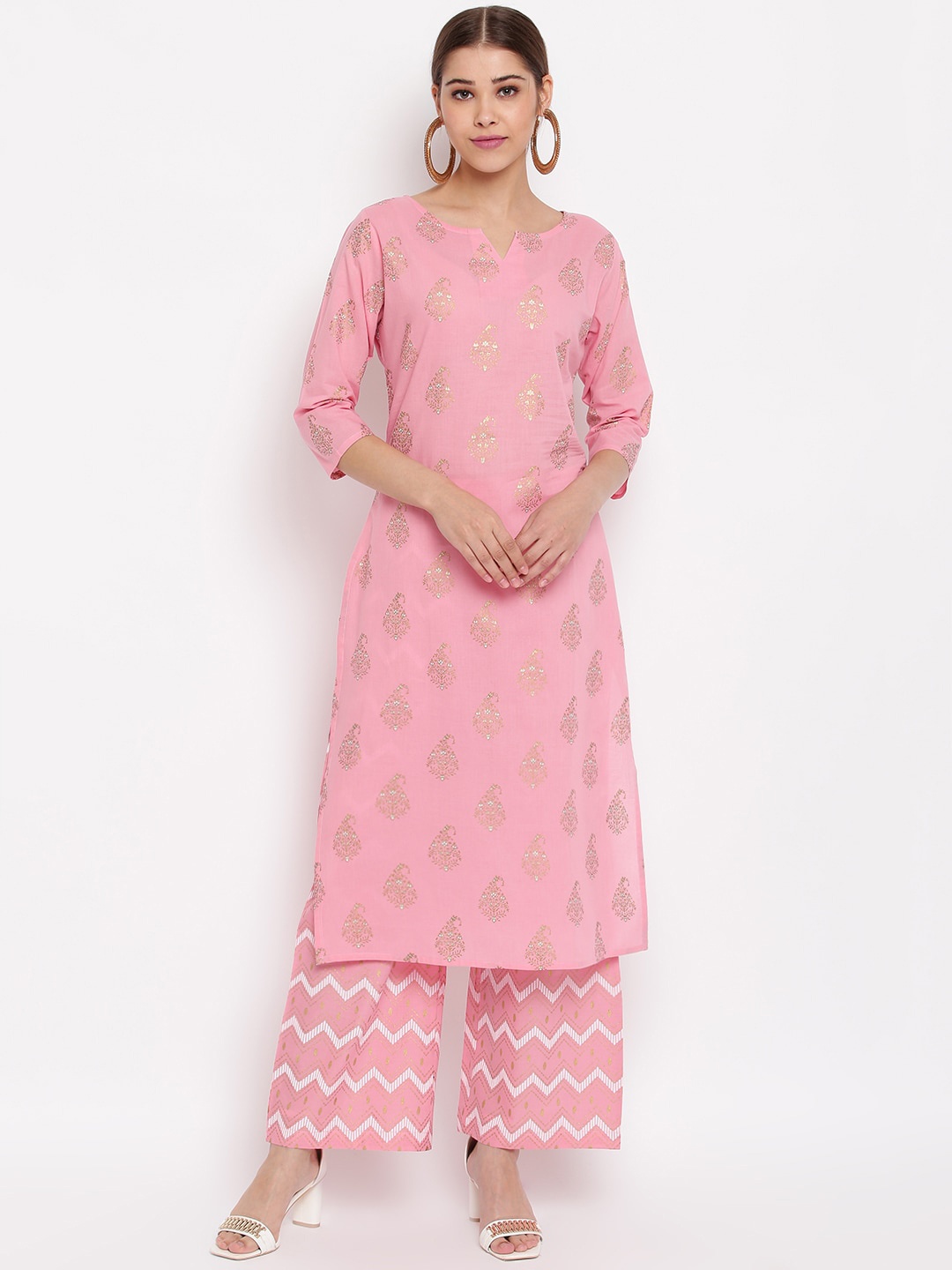 

Janasya Women Pink & Gold-Toned Printed Pure Cotton Kurta with Palazzos
