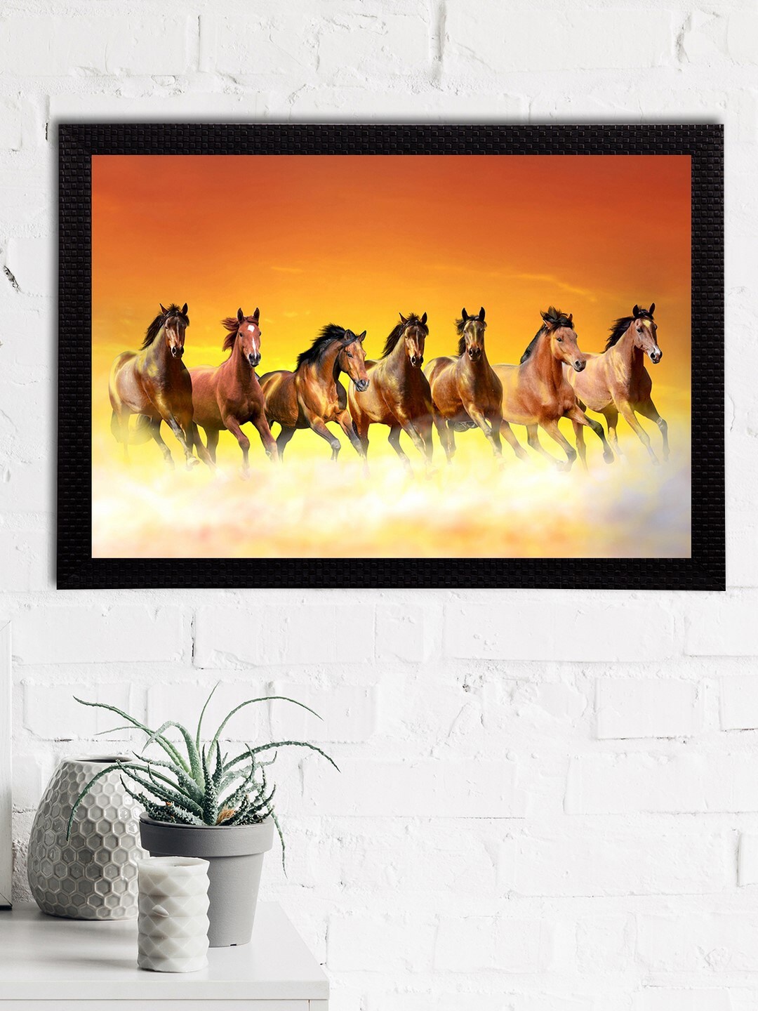 

eCraftIndia Brown & Yellow 7 Lucky Running Horses Satin Matt Texture Framed UV Wall Art