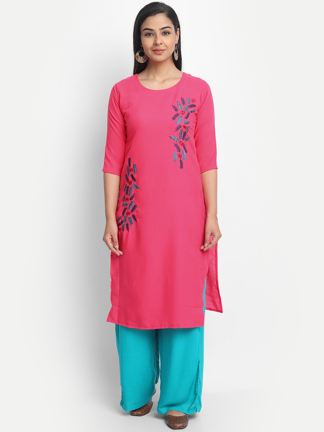 

7Threads Women Pink & Blue Embroidered Straight Kurta