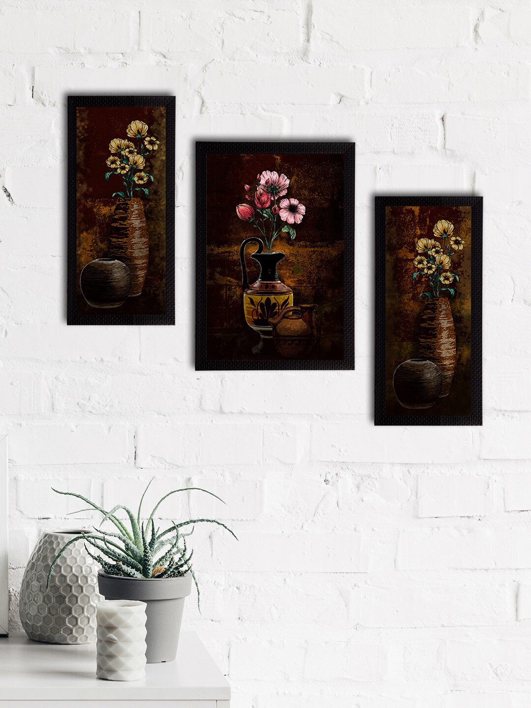 

eCraftIndia Set of 3 Brown & Pink Botanical and Floral Satin Matt Textured UV Art Painting