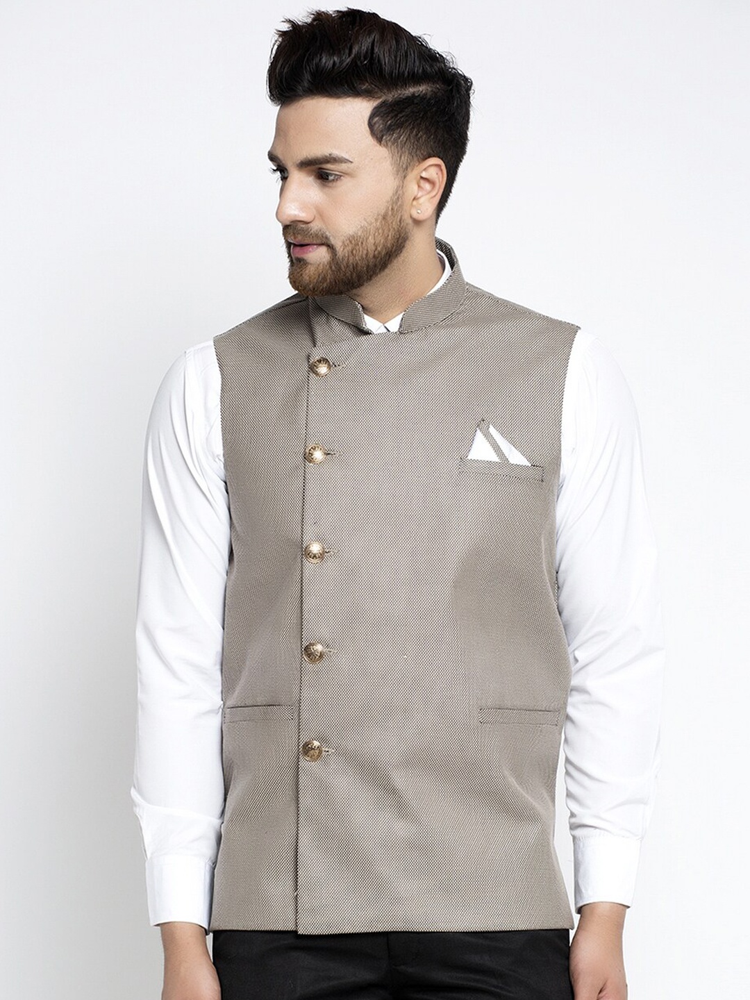 

Jompers Men Grey Solid Pure Cotton Nehru Jacket