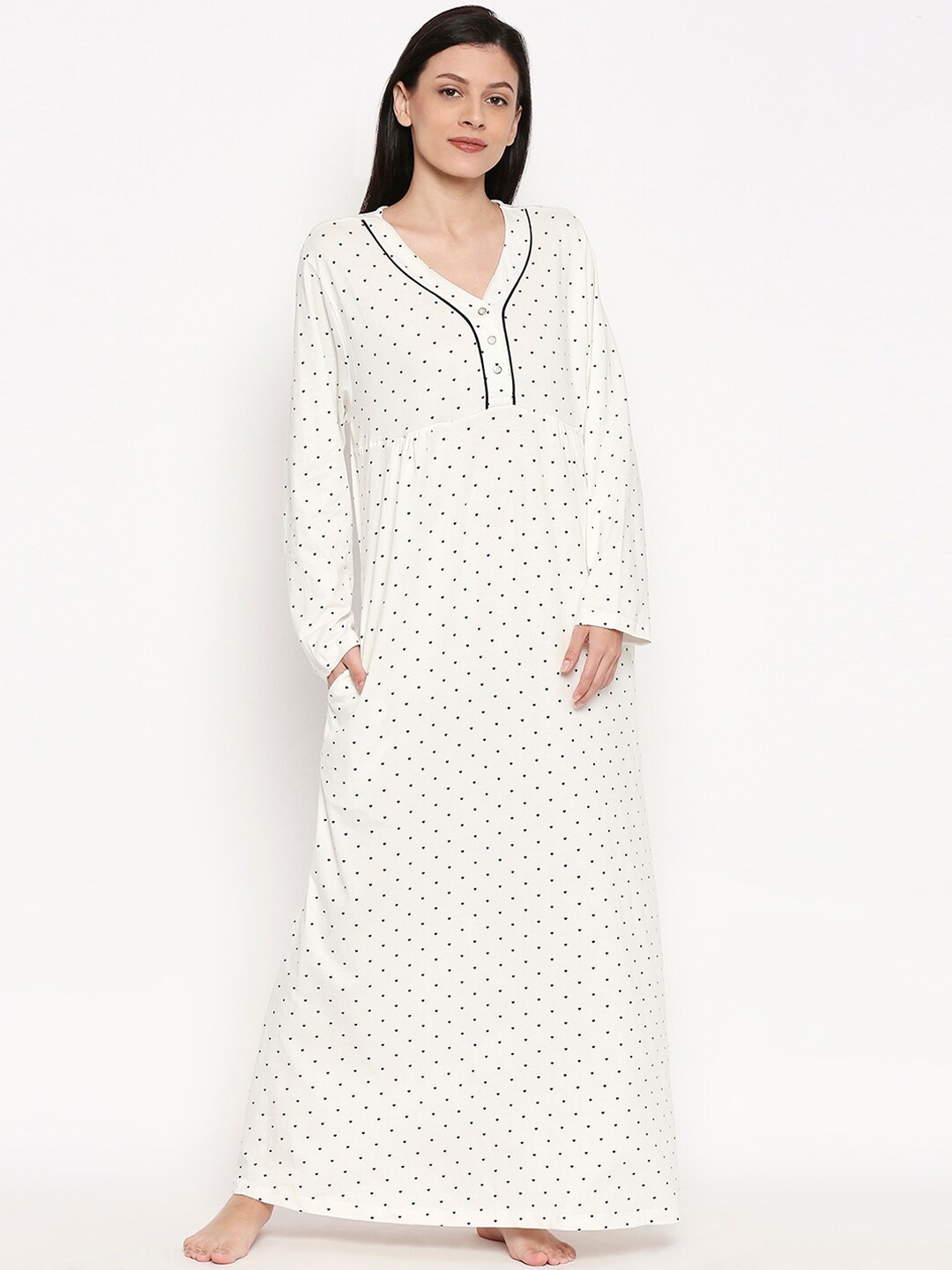 

XIN Women White & Black Printed Maxi Nightdress