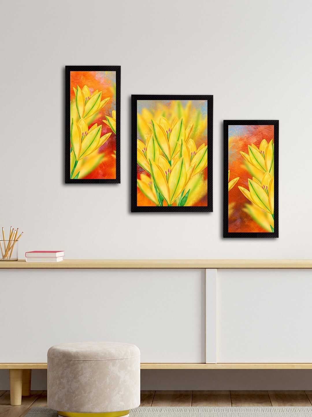 

eCraftIndia Set of 3 Yellow & Orange Botanical & Floral Satin Matt Textured UV Wall Paintings