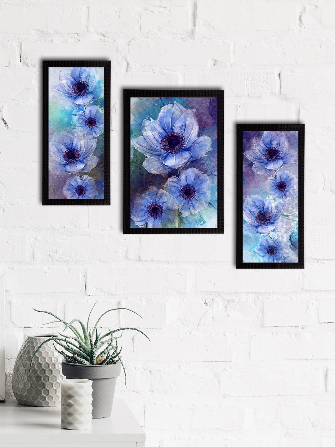 

eCraftIndia Set of 3 Blue Botanical & Floral Satin Matt Textured UV Wall Paintings